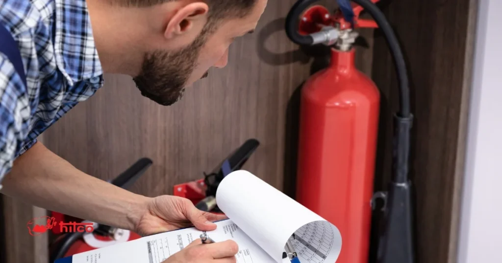 Man inspecting fire extinguisher maintenance records
